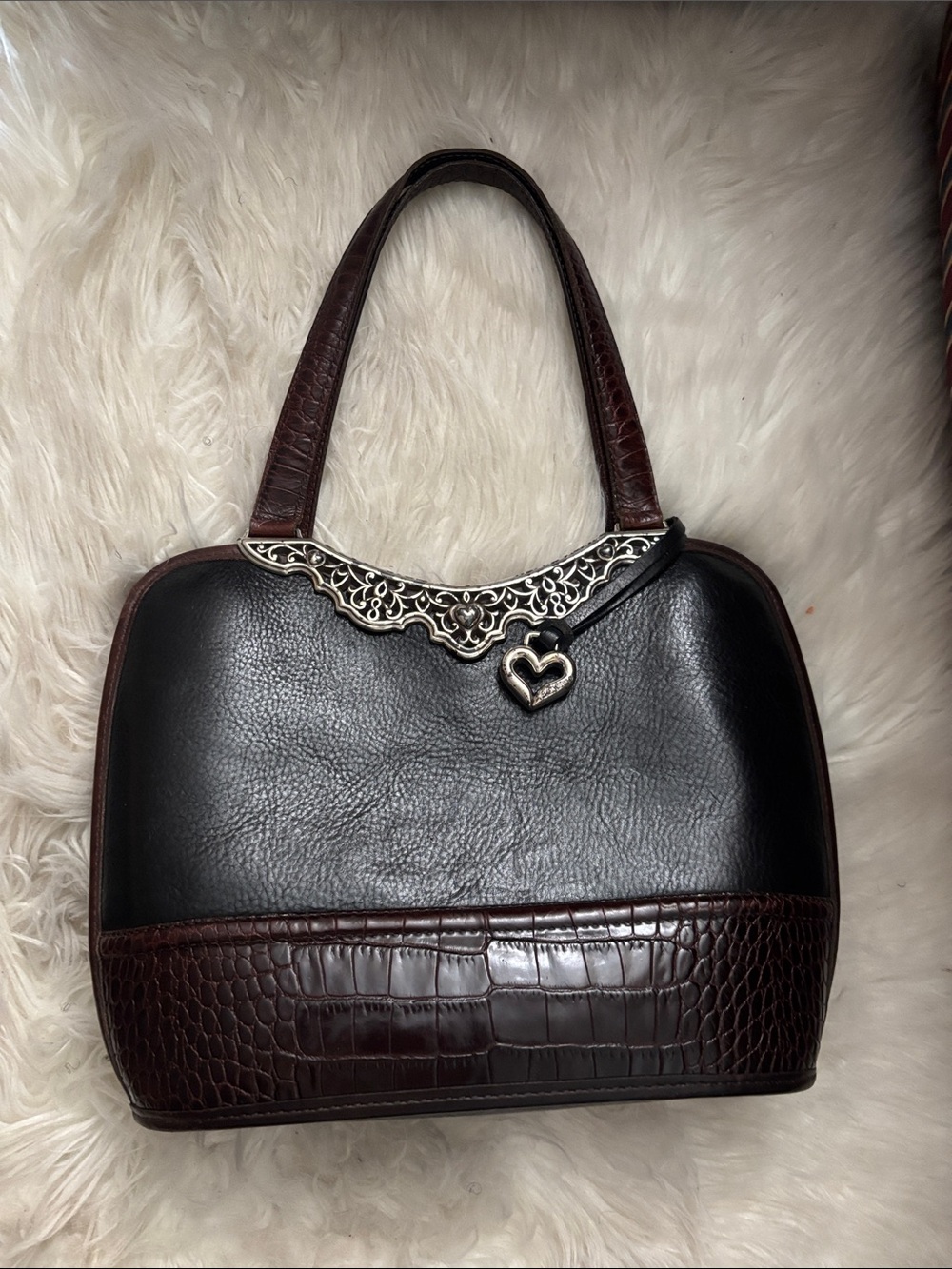 Brighton Black and Brown Leather Shoulder Bag with Heart Charm